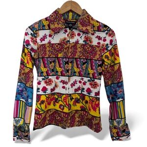 Boston Proper Mixed Print Boho Zip Front Jacket Top Patchwork Retro Style